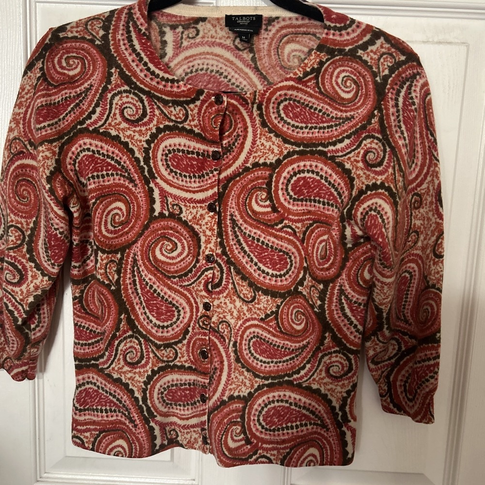 Talbots Sweater Womens Medium Beige Red Paisley Merino Wool Cardigan Fall Career